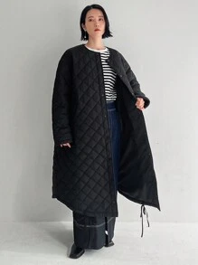 FRIFUL Women's Button-Up Long Sleeve Diamond Textured Loose Fashionable Casual Padded Coat Winter - Black - View 2