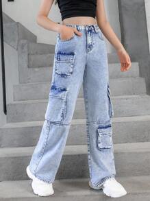 SHEIN Explorewe 青少年女孩休闲工装裤，带多个口袋，适合音乐节的宽松直筒牛仔裤 - 淺色水洗藍 - 查看 6