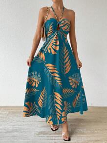 Breezaya Tropical Leaf Print Vacation Beach Dress