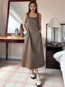 DAZY 女士无袖纯色连衣裙，简约休闲 - 棕色 - 查看 3