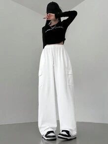 DAZY 纯色抽绳口袋休闲运动裤，返校服运动裤 - 白色 - 查看 5