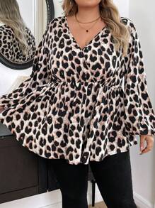 SHEIN CURVE+ Plus Size Elegant Oblique Collar Waist Gathered A-Line Leopard Print Blouse - Multicolor - View 4