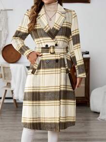 EMERY ROSE Women's Lapel Collar Long Sleeve Pockets Plaid Design Elegant Woolen Coat - Multicolor - View 4