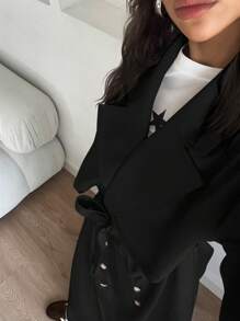 Aloruh Women's Casual Linen Long Open Front Double Breasted Trench Coat, Autumn Winter - Black - View 7