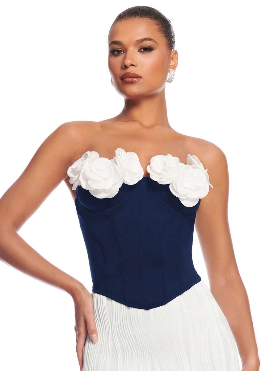 SHEIN BAE Glamorous Ladies Floral 3D Embellished Contrast Color Bandeau Top - Navy Blue - View 1