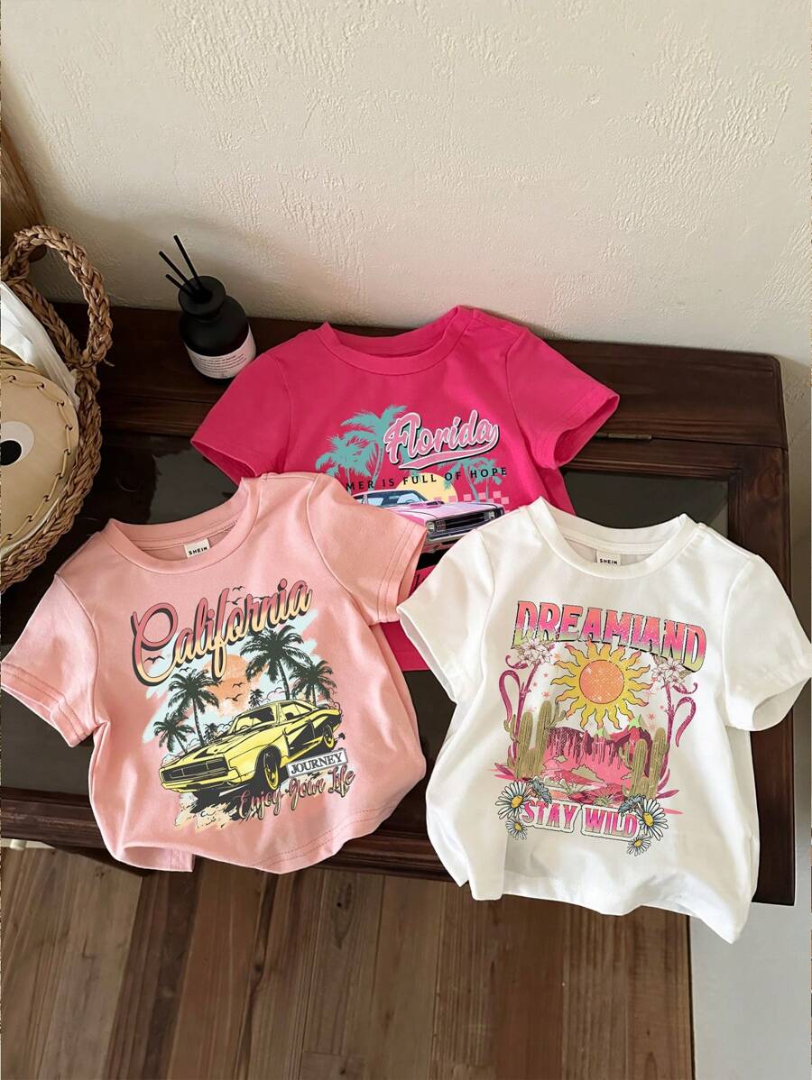 SHEIN 3 件套女婴休闲简约短袖圆领上衣，复古西式风格，适合夏秋季节，含棉