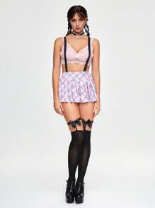 ROMWE Kawaii 女式蕾丝、网眼和格子拼布迷你裙性感内衣套装 - 粉色 - 查看 6