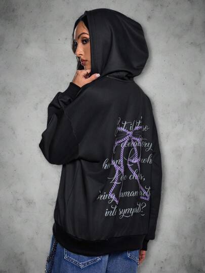 Bianca Prates Artist Women Dark Colored Rhinestone Bowknot & Text Print Hoodie, Black, For Holiday, Vacation, Spring, Festival, Workout, Ibiza Fits, Western Wear