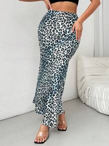 Chiquease Women's High Waist Leopard Print Fishtail Hem Long Skirt - Blue - View 4