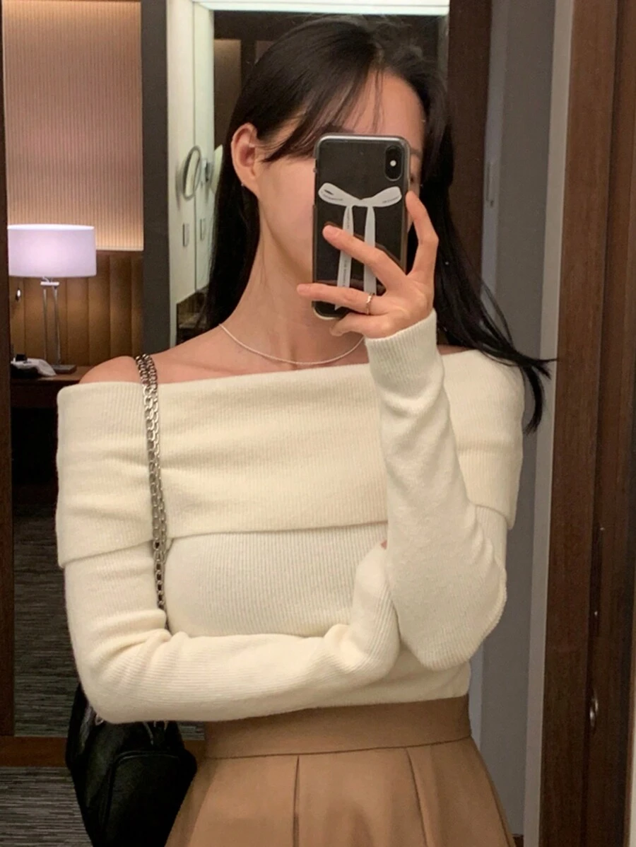 DAZY Women's Casual Plain Off-Shoulder Sweater, Spring & Autumn,Long Sleeve Tops,Fall Women Clothes - Beige - View 1