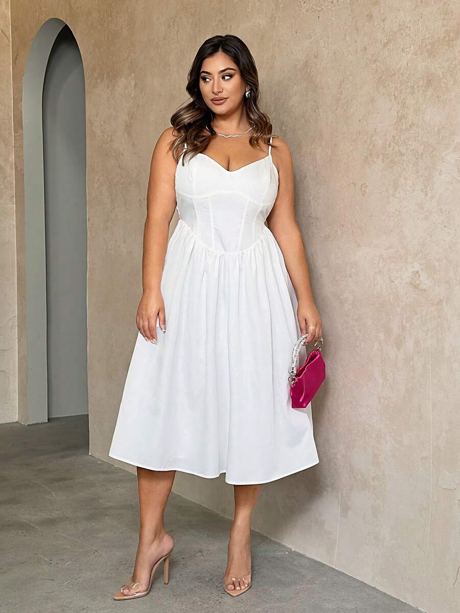 SHEIN BAE Plus Size Damska słodka sukienka retro z gorsetem w kształcie litery A z paskiem typu spaghetti i detalami na gorsecie, biała, średniej długości - Biały - Zobacz 1