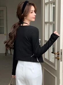 DAZY Women's Slim Fit Long Sleeve Bowknot T-Shirt, Ribbed Tee,Fall Clothes - Black - View 2