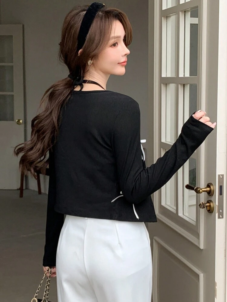 Women's Slim Fit Long Sleeve Bowknot T-Shirt, Ribbed Tee,Fall Clothes
