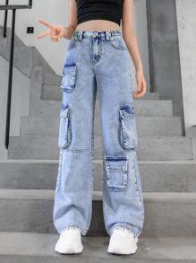 SHEIN Explorewe 青少年女孩休闲工装裤，带多个口袋，适合音乐节的宽松直筒牛仔裤 - 淺色水洗藍 - 查看 3