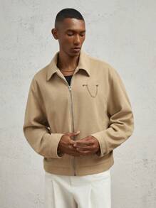 AKNOTIC Business Casual Áo khoác len cổ bẻ rộng rãi có khóa kéo cho nam, màu kaki có trang trí xích kim loại, phù hợp cho mùa thu đông - Màu Khaki - Xem 3