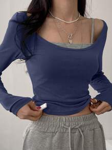 DAZY Women's Solid Color Crew Neck Long Sleeve Slim Fit T-Shirt And Camisole 2pcs Set, Spring/Summer,Fall Clothes - Teal Blue - View 2