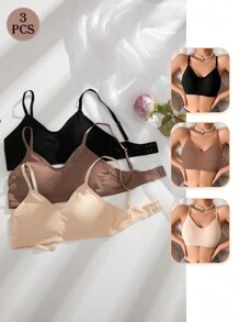 3 piezas Sujetador sin costuras de color liso con almohadillas extraíbles