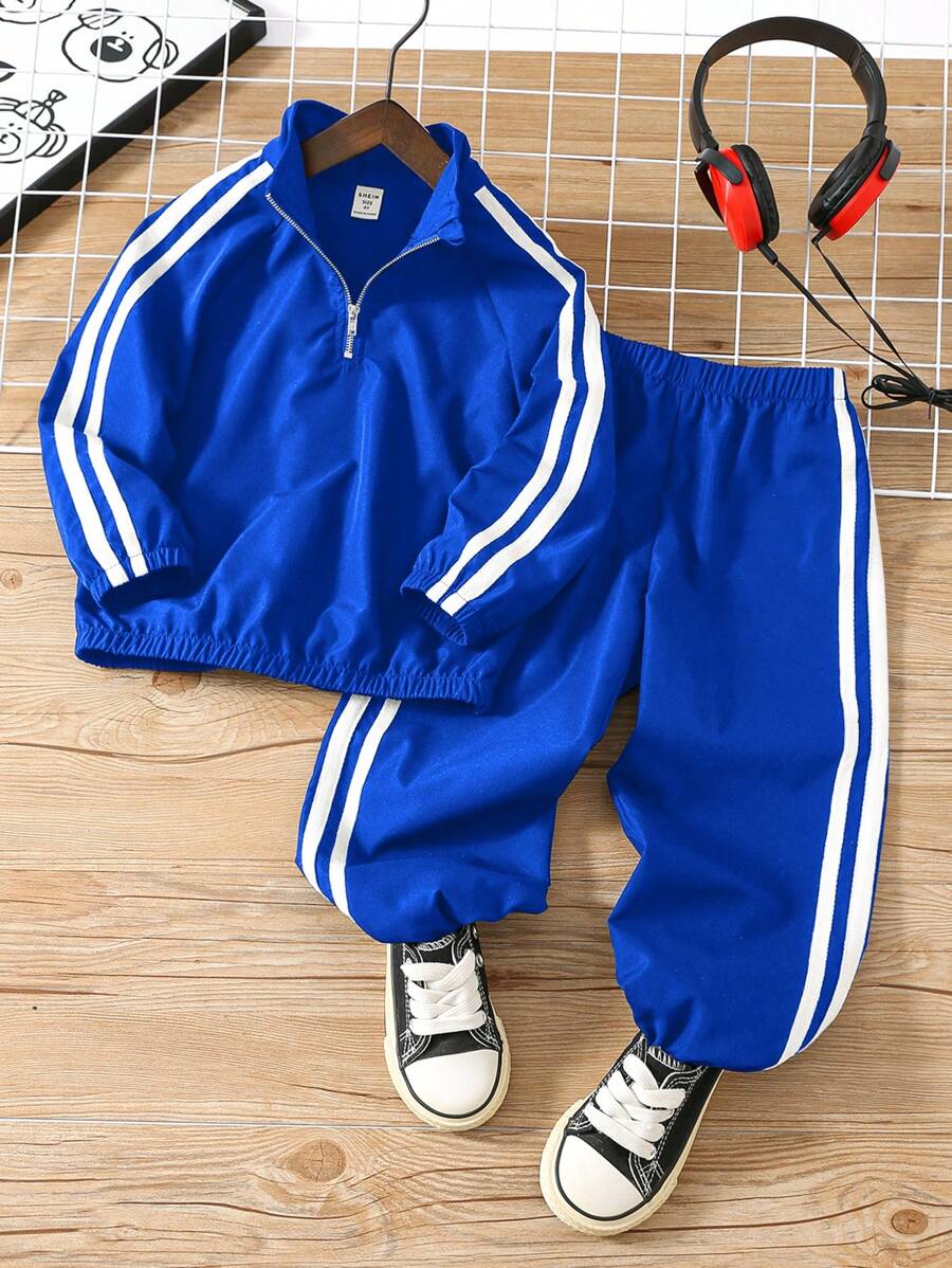 SHEIN 2pcs Young Boys Casual Set - Long Sleeve Stand Collar Jacket With Decorative Tapes, And Elastic Waist Pants, Thermal Lined , Thickened - Blue - View 1