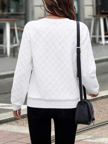 EMERY ROSE White Textured Knit Fabric Front Zip Up Crew Neck Sweatshirt For Women,Long Sleeve Tops In Fall/Winter - White - View 2