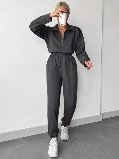 EURMUSE Women's Zipper Half Placket Sweatshirt And Pants Set