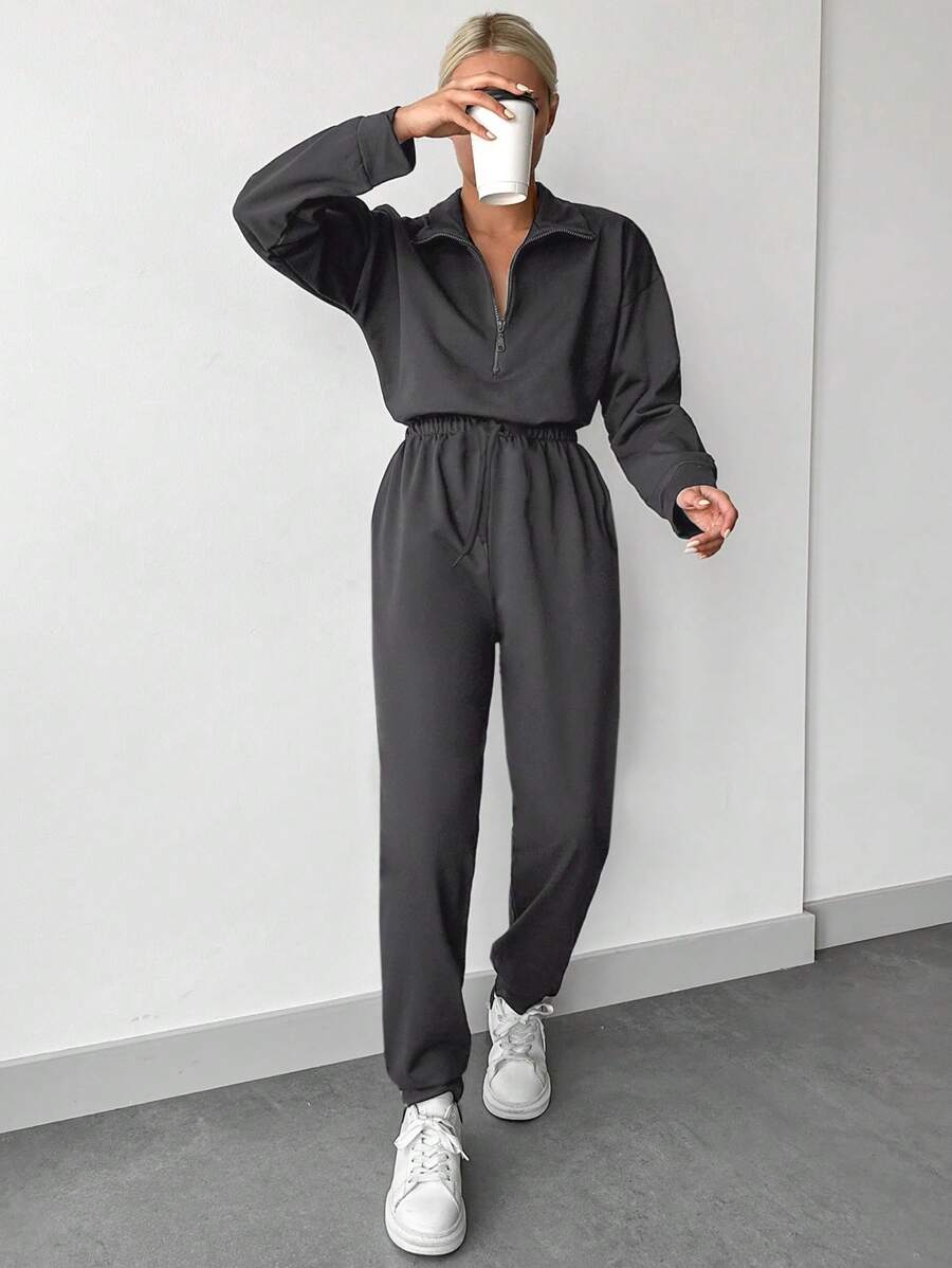 EURMUSE Women's Zipper Half Placket Sweatshirt And Pants Set - Dark Grey - View 1