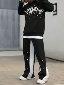 Manfinity Roghcode Men's Printed Hooded Sweatshirt And Contrast Pentagon Star Pants 2-Piece Set, Men 2 Piece Set Sweats, Men 2 Piece Set Black And White, Hip Hop Clothes, Manfinity Hoodie And Pants - Black - View 5