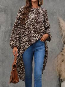 EMERY ROSE 女式超大圆领灯笼袖不对称下摆豹纹衬衫，春夏 - 棕色 - 查看 1
