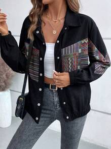 EMERY ROSE Women's Geometric Print Front Button Casual Long Sleeve Jacket - Black - View 5