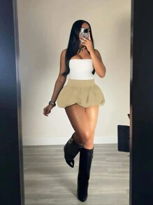 SHEIN Women's Solid Color Casual Minimalist Daily Shorts - Khaki - View 8