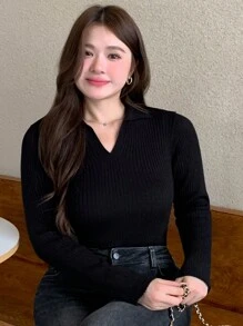 Dazy Petite Plus Plus Size Casual Solid Color Turtleneck Sweater, Spring/Autumn,Fall Women Clothes - Black - View 7