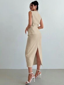 SHEIN Privé Women's Summer Casual Elegant Resort Linen Button Decorated Vest And High Waisted Skirt 2pcs Set - Apricot - View 4