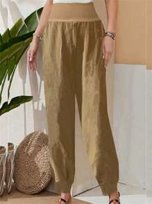 EMERY ROSE 大码女式撞色口袋抽绳宽松休闲裤 - 卡其色 - 查看 3