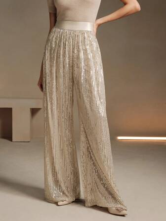 Anewsta Vrouwen Rechte pijp Casual Elastische taille Losse pailletten Versierde Flowy Broek