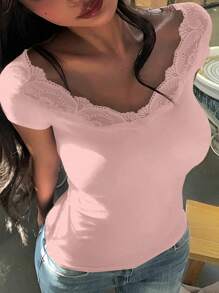 INAWLY 女士夏季撞色蕾丝 V 领短袖修身 T 恤 - 淺粉色 - 查看 4