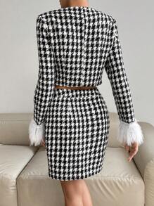 Chiquease 女式千鸟格印花流苏袖上衣和迷你裙两件套休闲套装 - 黑色 - 查看 2