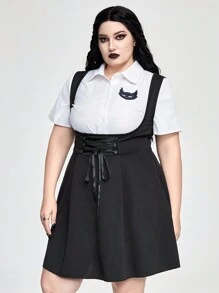 ROMWE Academia Plus Size Cat Embroidery Patchwork Shirt Dress, 2-Piece Look - Black and White - View 3
