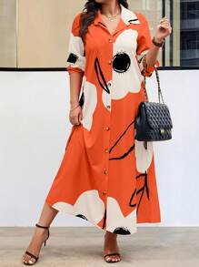 EMERY ROSE Plus Size Allover Random Print Long Sleeve Loose Casual Chic Dress Maxi Women Outfit Fall Cloth For Women - Orange - View 4