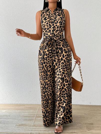 SHEIN Lady Leopardtryck ärmlös skjorta krage Byxor med vida ben för dam Jumpsuit våren och sommaren 2024 Elegant