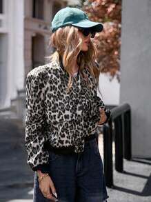 Aveloria Affinna Retro American Casual Leopard Floral Pocket Design Bomber Jacket - Multicolor - View 6