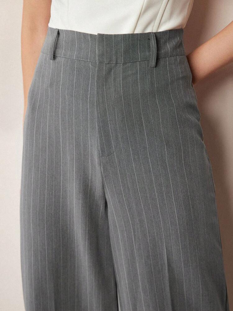 STRIPED PRINT ZIPPER FLY WIDE LEG PANTS