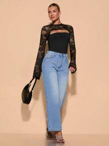 SHEIN BAE Women's Black Basic Long Sleeve Knit Top With Lace Contrast, Crew Neck, Simple And Elegant, Suitable For Outings, Dates, Night Outs And Elegant Parties, Autumn Winter