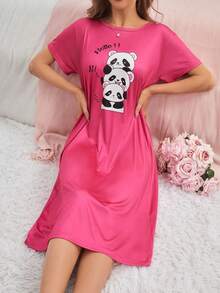 SHEIN Váy ngủ dài tay ngắn in hình gấu trúc dễ thương dành cho thiếu niên, đồ ngủ chống cháy - Màu Hồng Tươi - Xem 4