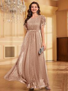SHEIN Belle Elegante y glamuroso vestido largo de lentejuelas de mujer con cuello redondo, manga corta de volante - Rosa vieja - Ver 5