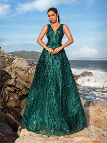 Faeriesty Elegant Women's Sleeveless Deep V-Neckline Maxi Party Gown |Sparkly Sequined Positioning Pattern , Perfect For Spring Weddings, Garden Parties, Outdoor Woodland Celebrations, Romantic Dinners, Formal Portrait Photoshoot, Lakeside Gatherings & Ethereal Evening Galas, Homecoming & Graduation Dress , Birthday Women Outfits,Spring Dresses Summer Outfits - Dark Green - View 2