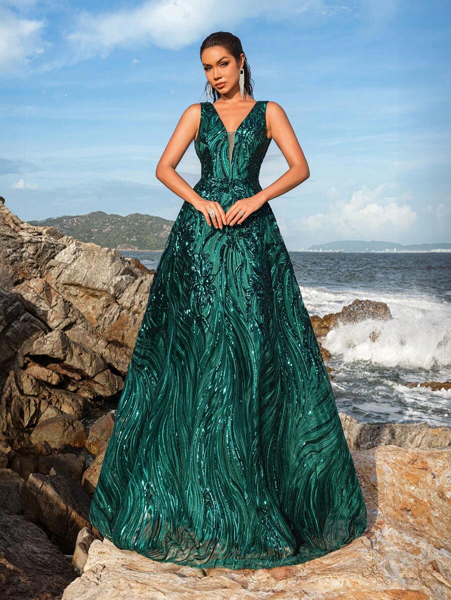 Faeriesty Elegant Women's Sleeveless Deep V-Neckline Maxi Party Gown |Sparkly Sequined Positioning Pattern , Perfect For Spring Weddings, Garden Parties, Outdoor Woodland Celebrations, Romantic Dinners, Formal Portrait Photoshoot, Lakeside Gatherings & Ethereal Evening Galas, Homecoming & Graduation Dress , Birthday Women Outfits,Spring Dresses Summer Outfits