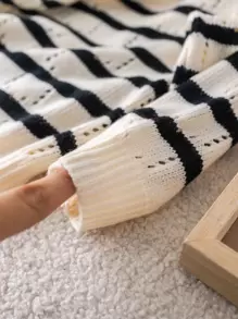 SHEIN Young Girl Stand Collar Striped Ruffle Heart Pattern Casual Knitted Sweater - Black and White - View 5