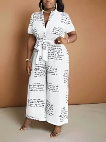 Slaydiva 優雅且休閒鬆身圖案印花襯衫領大尺碼連身褲，適合通勤和日常穿著