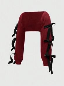 ROMWE Kawaii 休闲分层女式蝴蝶结领带装饰灯笼袖开衫罩衫轻便外套、长袖上衣