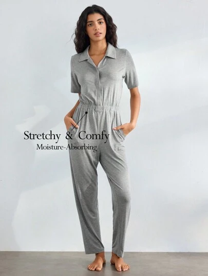 Ocili Leisure Casual Stretchy Soft Collared Jumpsuit With Hidden Buttons And Cinched Waist, Summer