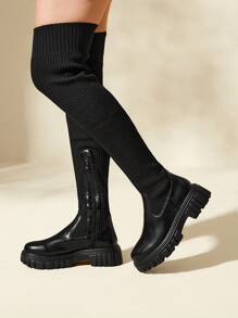 CUCCOO BASICS 女士鞋子简约拼接设计针织黑色过膝袜靴夏季度假鞋夏季促销返校鞋大学生鞋圣诞节和新年假期 - 黑色 - 查看 7
